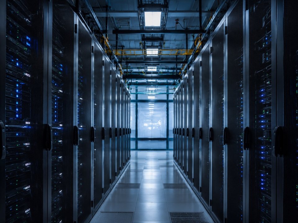 Server racks in a datacenter aisle
