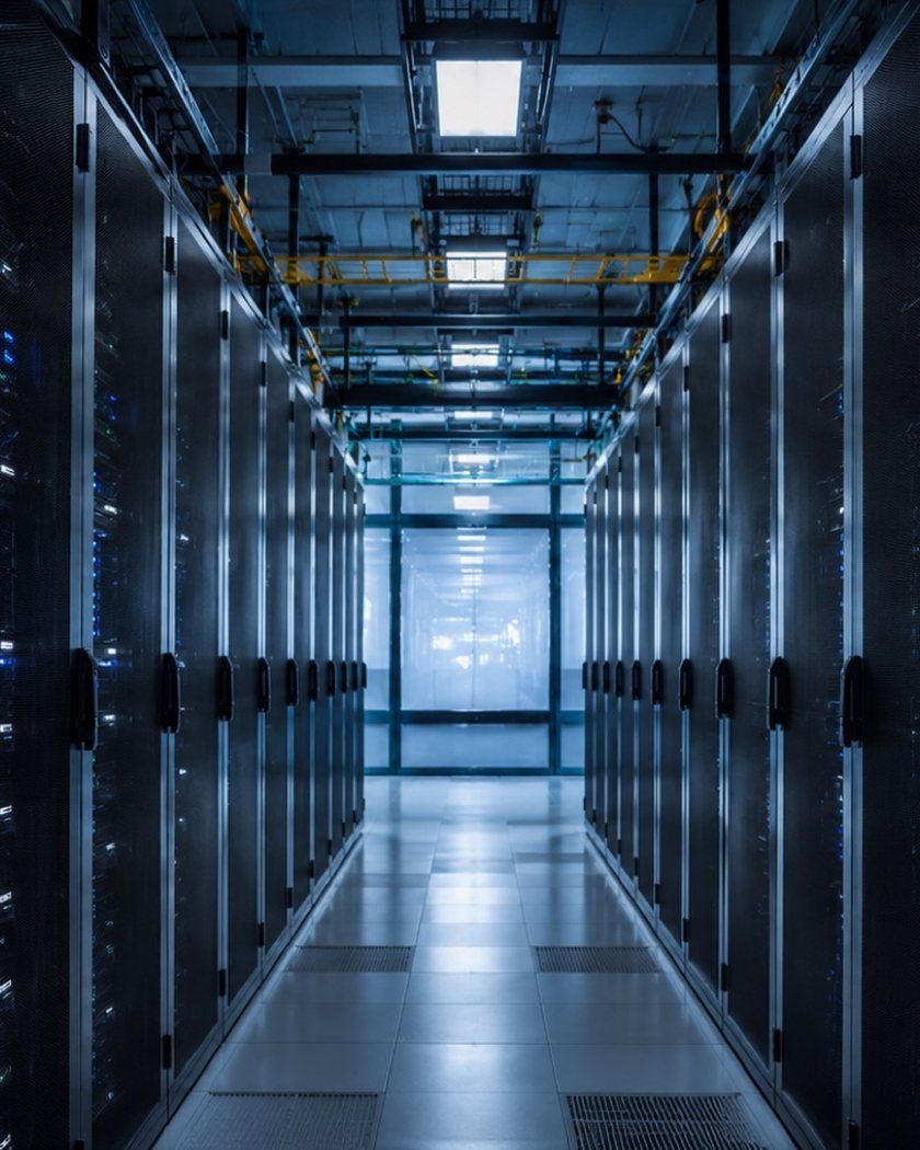 Datacenter aisle lined with server racks